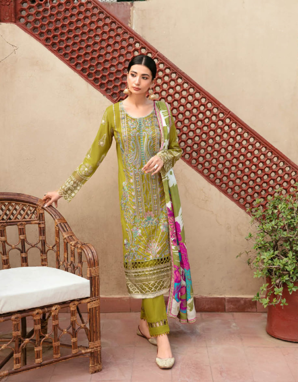 Olive Green-Ramsha Mashaal Luxury Lawn Vol 08